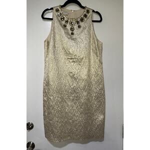 Maggy London Womens Gold & Cream Jacquard Weave Embellished Shift Dress Size 12